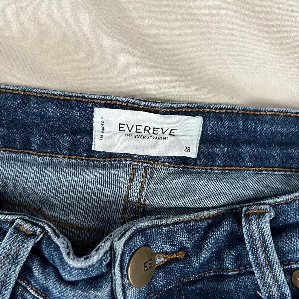 ♥️ Evereve The Ever Straight High Rise Fit Jeans Blue Women Finished Hem Size 28 - Picture 7 of 8